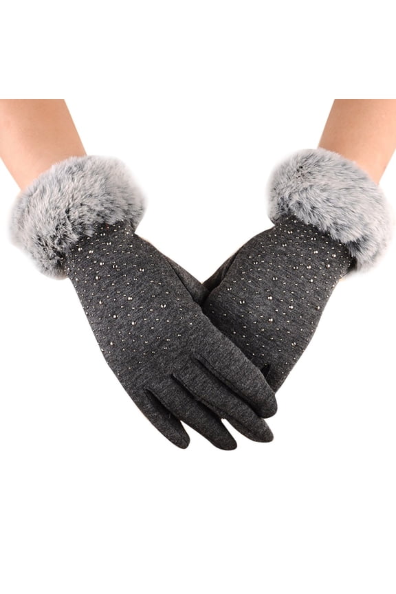 Evening Out Full-Finger Gloves Fur Cuff Rhinestone Decor Slim Fit Elastic Wrist Band For City Night Walks Gray