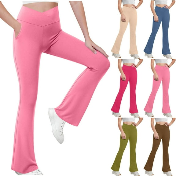 Mwjwdo Girl's Leggings Cross High Waisted Flare Pants Yoga Bootcut Pants Solid Color Full Length Bell Bottoms Army Green 7 Years