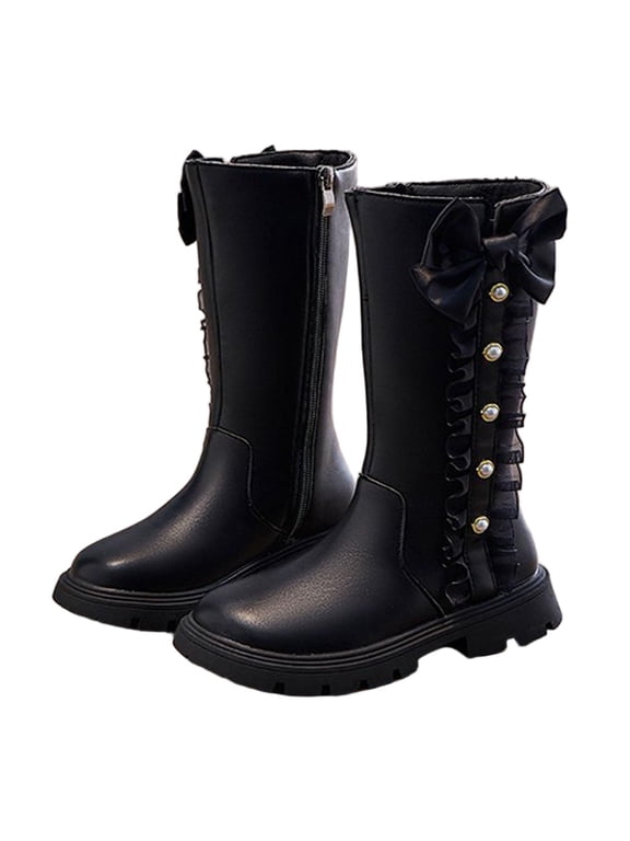 Girl's Mid Calf Boots Fashionable Princess Boots Bow Knot Casual Leather Comfortable Kids Boots Fall Winter Essential Black 26