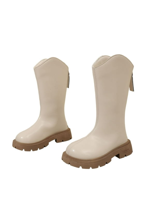 Girl's Mid Calf Boots Fashionable Princess Boots Bow Knot Leather High-Top Casual Stylish Soft Material for Little Kids Fall Winter Fashion Beige 26