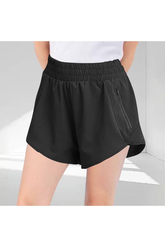 Girls Athletic Workout Gym Shorts with Zip Pockets High Waisted Running Shorts Summer Sports Clothes for Kids 3-13 Years Black 140