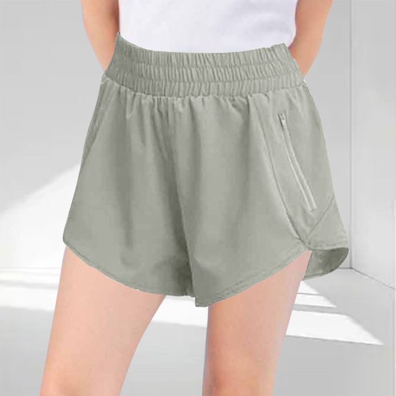 Mwjwdo Girls Athletic Workout Gym Shorts with Zip Pockets High Waisted Running Shorts Summer Sports Clothes for Kids 3-13 Years Gray 120