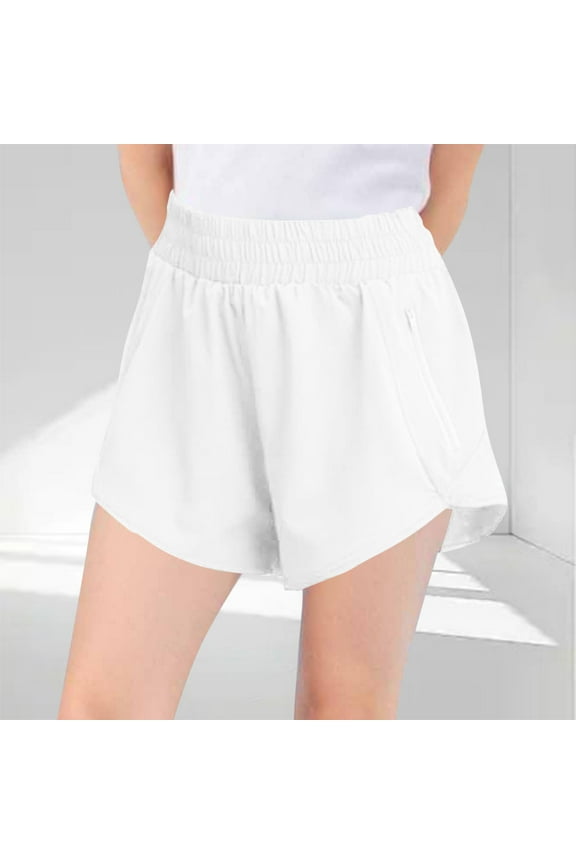Girls Athletic Workout Gym Shorts with Zip Pockets High Waisted Running Shorts Summer Sports Clothes for Kids 3-13 Years White 120