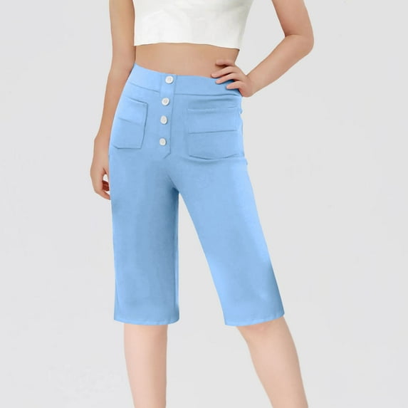 Mwjwdo Girls Capri Pants Fashion High Waisted Stretch School Uniform Athletic Yoga Cropped Pants Cute Casual with Pockets Light Blue 120