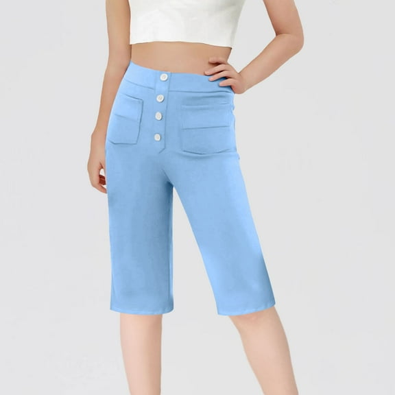 Mwjwdo Girls Capri Pants Fashion High Waisted Stretch School Uniform Athletic Yoga Cropped Pants Cute Casual with Pockets Light Blue 150