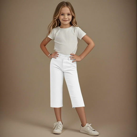 Mwjwdo Girls Capris Sweatpants Casual Elastic High Waisted Summer Comfy Pants Trousers with Pockets for Kids 4-14 Years White 4 Years