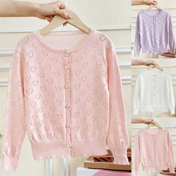Mwjwdo Girls' Cardigan Long Sleeve Shrug Sweater for Kids Cotton Cropped Uniform Knit Outerwear Heart Pattern Hollowed Coat Pink 4 Years