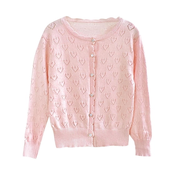 Mwjwdo Girls' Cardigan Long Sleeve Shrug Sweater for Kids Cotton Cropped Uniform Knit Outerwear Heart Pattern Hollowed Coat Pink 7 Years