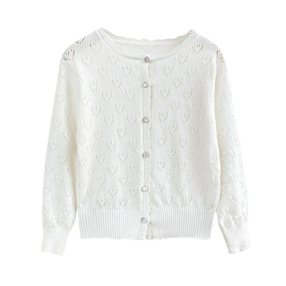 Mwjwdo Girls' Cardigan Long Sleeve Shrug Sweater for Kids Cotton Cropped Uniform Knit Outerwear Heart Pattern Hollowed Coat White 9 Years
