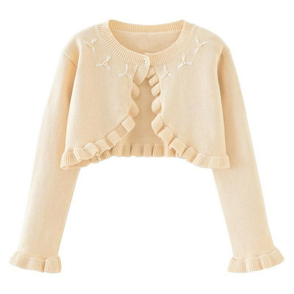 Mwjwdo Girls Cardigan Sweater Long Sleeve Shrug Knit Toddler Shawl Cover Up Kids Button Closure Shrug Sweaters Beige 130