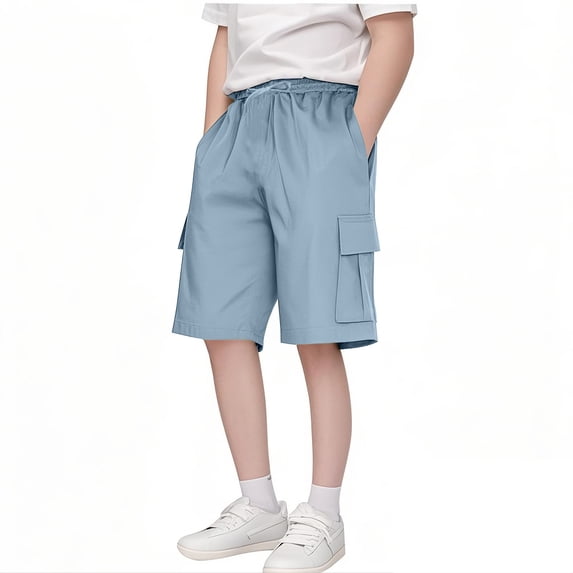 Mwjwdo Girls Cargo Shorts Loose Casual Solid Drawstring Long Bermuda Shorts Knee Length Wide Leg Short Pants with Pockets Sky Blue 130