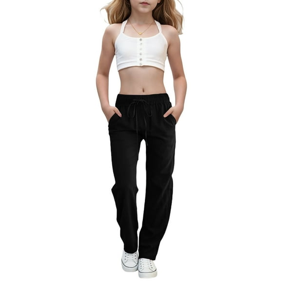 Mwjwdo Girls Casual Cotton Linen Pants Lightweight Summer Relax Fit Elastic Waist Plus Size Solid Lounge Long Trousers Black 150