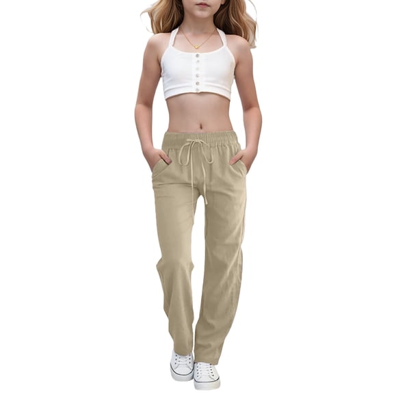 Mwjwdo Girls Casual Cotton Linen Pants Lightweight Summer Relax Fit Elastic Waist Plus Size Solid Lounge Long Trousers Khaki 140