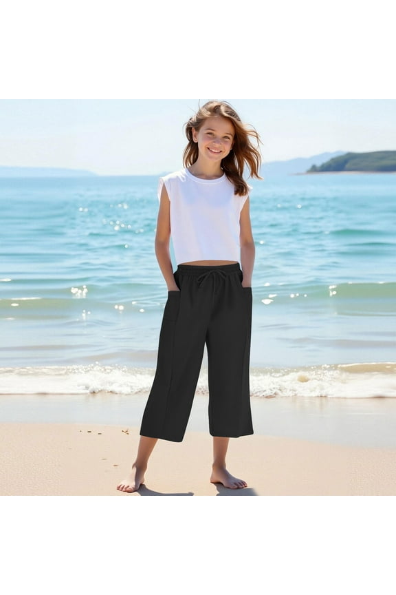 Girls Cotton Linen Capri Pants Casual Summer Loose Comfy Elastic Waist Sun Protection Straight Pants for 4-14 Years Black 10 Years