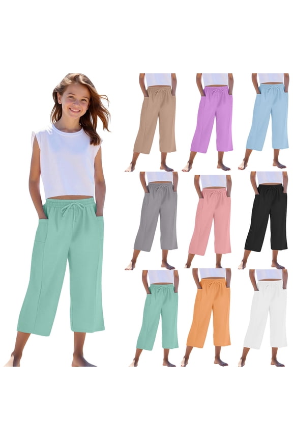 Girls Cotton Linen Capri Pants Casual Summer Loose Comfy Elastic Waist Sun Protection Straight Pants for 4-14 Years Pink 13 Years