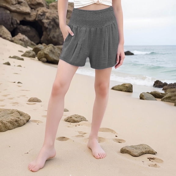 Mwjwdo Girls Cotton Linen Shorts Casual Smocked Elastic High Waisted Summer Beach Shorts with Pockets for Kids Dark Gray 13 Years