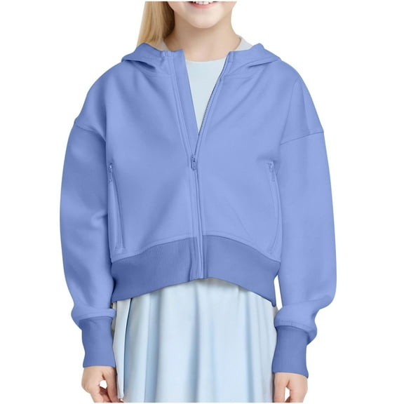 Mwjwdo Girls Fashion Zip Up Hoodies Kids Cute Crop Sweatshirts Teen Trendy Preppy Jackets Clothes with Pockets Blue 11 years