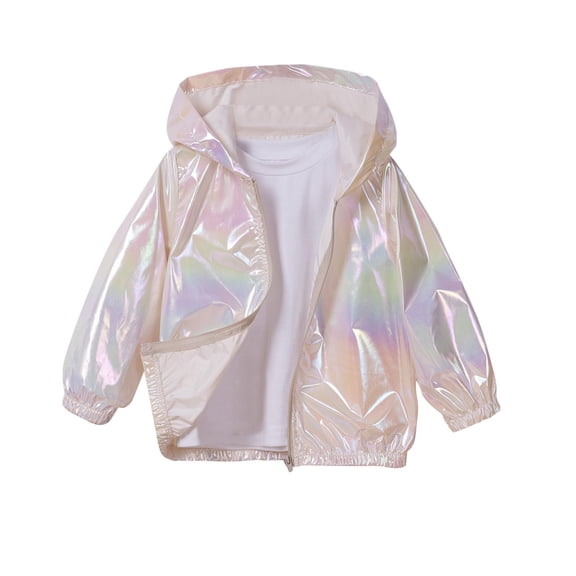 Mwjwdo Girls Holographic Shiny Zip Up Hoodie Jacket Sun Protection Metallic Lightweight Outerwear, 9 Months -8 Years Beige 7 Years