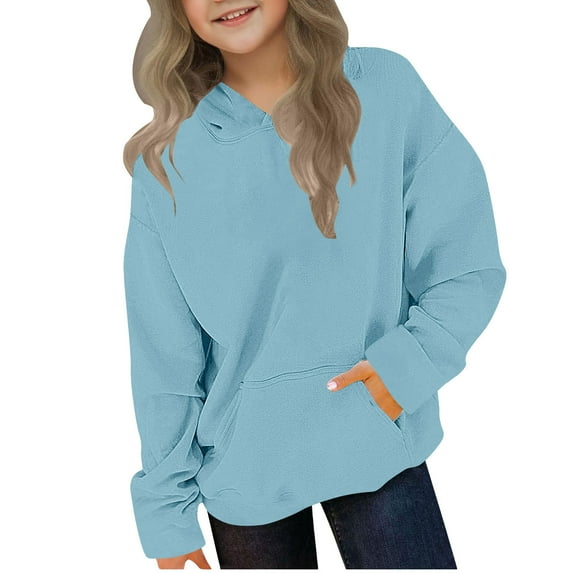 Mwjwdo Girls Hoodie Trendy Cute Hooded Sweatshirt with Pocket Baggy Kids Pullover Winter 2025 Back to School Clothes Teens Light Blue 11 Years