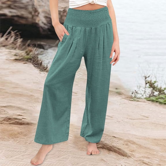 Mwjwdo Girls Linen Palazzo Pants Summer Boho Wide Leg High Waist Casual Lounge Pant Kids 2025 Beach Travel Vacation Outfits Green 10 Years