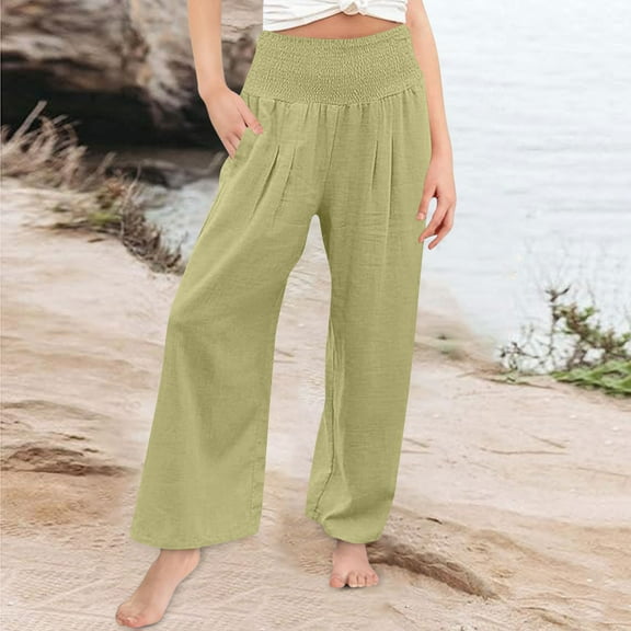 Mwjwdo Girls Linen Palazzo Pants Summer Boho Wide Leg High Waist Casual Lounge Pant Kids 2025 Beach Travel Vacation Outfits Mint Green 8 Years