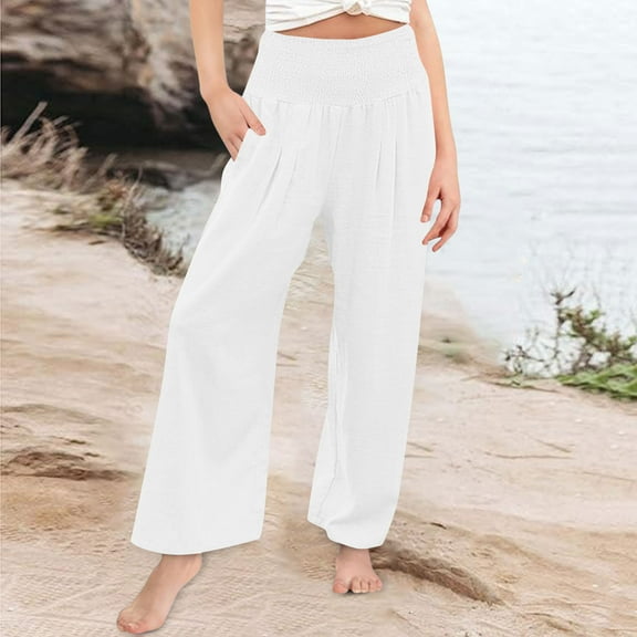 Mwjwdo Girls Linen Palazzo Pants Summer Boho Wide Leg High Waist Casual Lounge Pant Kids 2025 Beach Travel Vacation Outfits White 10 Years