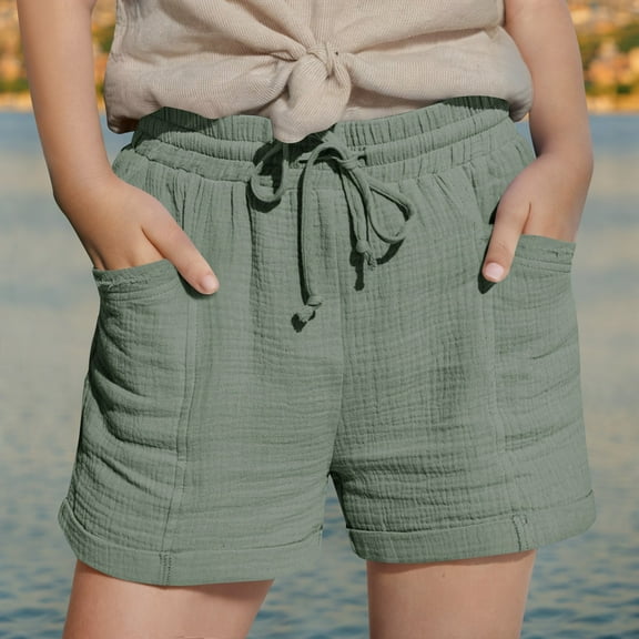 Mwjwdo Girls Linen Shorts,2025 Summer Shorts for Kids Comfy Cute Drawstring Beach Short Pants with Pockets Green 13 Years