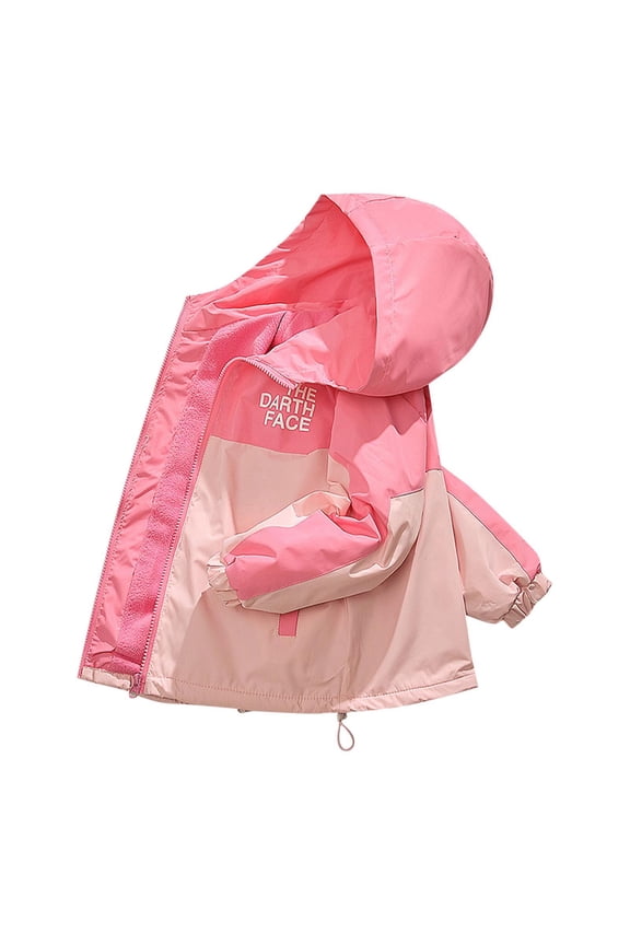 Girls' Outdoor 3-In-1 Jackets Kids Letter Print Detachable Fleece Inner Jacket Outdoor Walking Hooded Jacket Pink 7 Years
