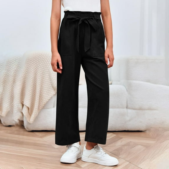 Mwjwdo Girls Paper Bag Wide Leg Pants Kids Fashion High Waisted Elastic Waist Trousers with Pockets 4-13 Years Black 140