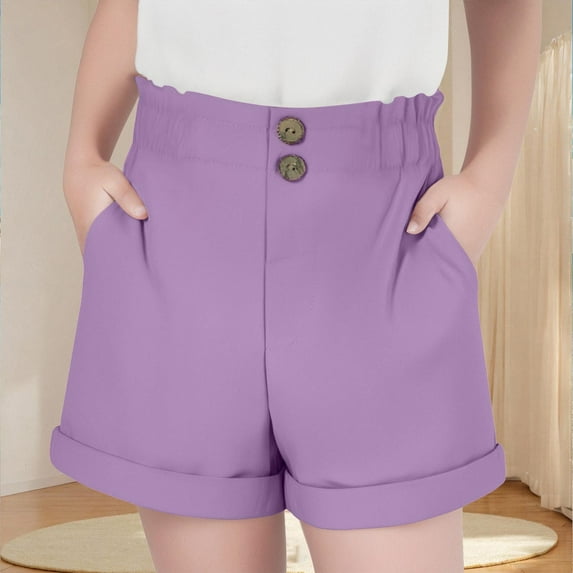 Mwjwdo Girls Ruffled Paperbag Elastic Waist Summer Shorts Comfy Casual Wide Leg Shorts with Pockets for 5-15 Years Purple 12 Years