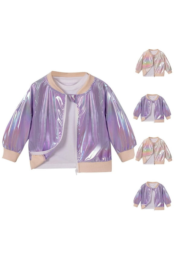 Girls Shiny Jacket Glitter Long Sleeves Gradient Ombre Bomber Coat with Ribbed Cuffs for 0-5 Years Kids Purple 1 Years