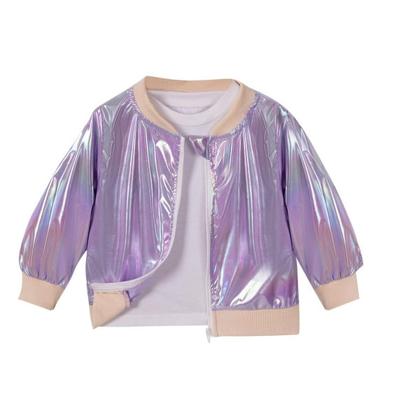 Mwjwdo Girls Shiny Jacket Glitter Long Sleeves Gradient Ombre Bomber Coat with Ribbed Cuffs for 0-5 Years Kids Purple 4 Years