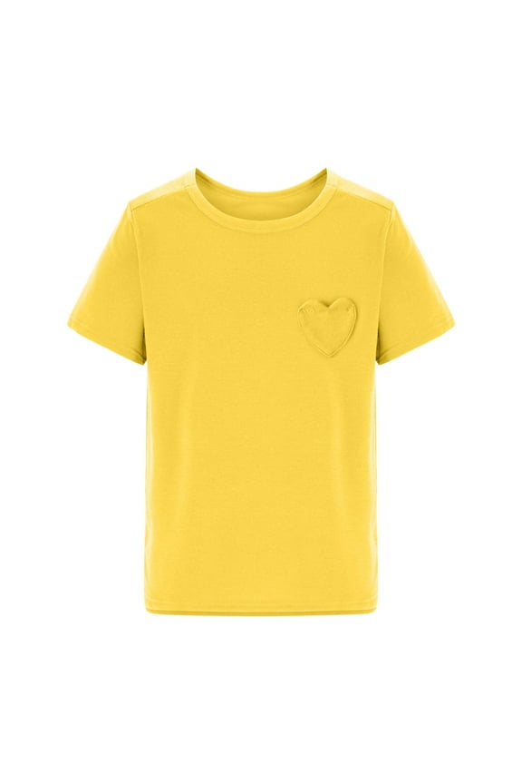 Girls Short Sleeve T-Shirts Solid Color Basic Tee Tops Summer Cute Love Pocket 5-15 Years Children's Casual Tshirts Yellow 9 Years