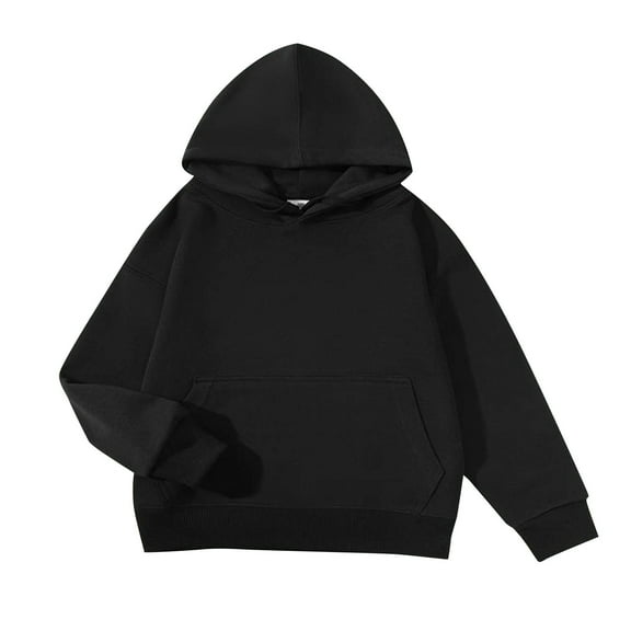 Mwjwdo Girls Solid Basic Fleece Letter Loose Hoodie Sweatshirt Kids Long Sleeve Kangaroo Pocket Drop Shoulder Pullovers Top Black 11-12Years