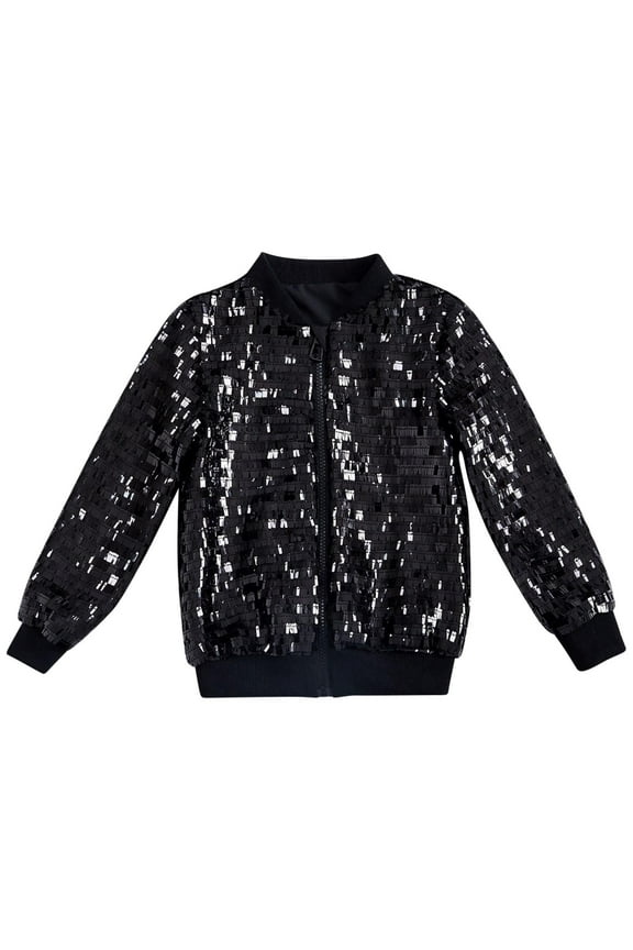 Girls Sparkle Sequin Bomber Jacket Kids Toddler Glitter Shiny Zip Up Metallic Coat Hip Hop Jazz Outwear for Carnival Black S