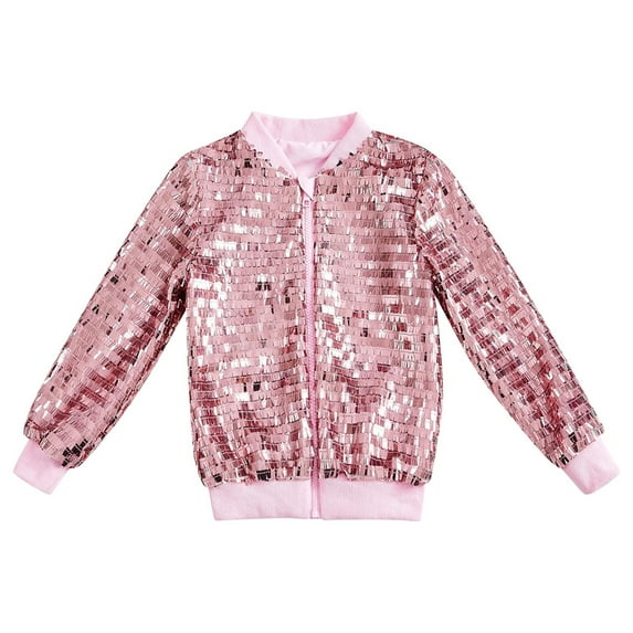 Mwjwdo Girls Sparkle Sequin Bomber Jacket Kids Toddler Glitter Shiny Zip Up Metallic Coat Hip Hop Jazz Outwear for Carnival Pink S