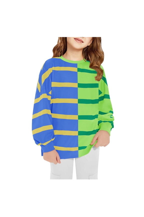 Girls Striped Oversized Sweater 2025 Kids Crew Neck Long Sleeve Knitted Color Block Casual Loose Pullover Top Green 3 Years