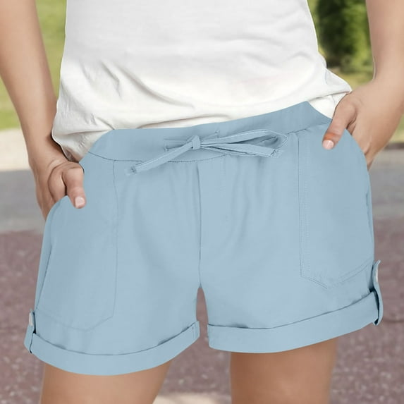 Mwjwdo Girls Summer Shorts Casual Kids Comfy Elastic Waist Athletic Running Roll-Up Shorts with Pockets for 3-13 Years Light Blue 160