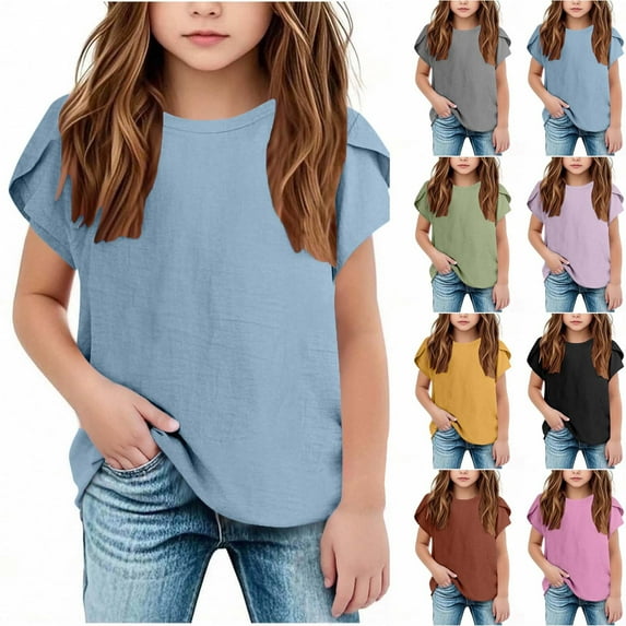 Mwjwdo Girls' Summer T Shirts Cotton Linen Blouse Petal Short Sleeve Crewneck Cute Casual Tops for Kids Teens Black 11 Years