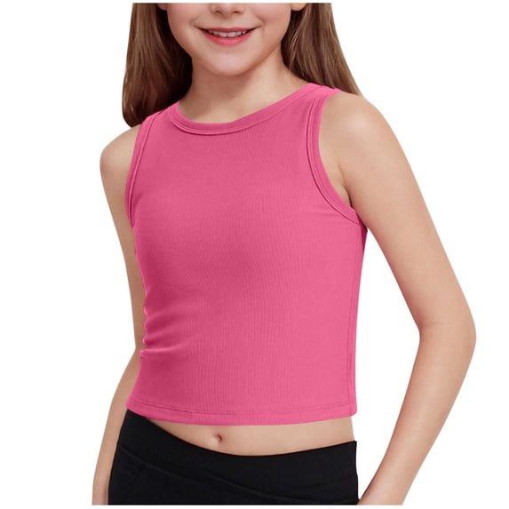 Mwjwdo Girls Tank Tops Kids Athletic Tank Ribbed Knit High Neck Crop Tops for Gym Yoga Basic Seamless Ribbed Tops Hot Pink 5 Years