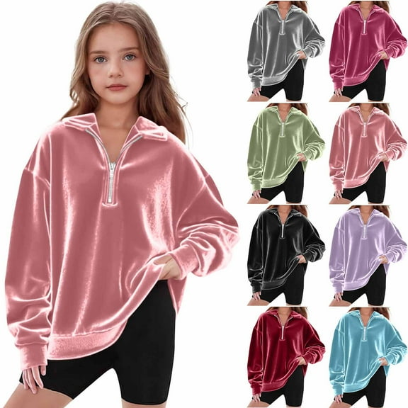 Mwjwdo Girls Velvet Sweatshirts Half Zip Drop Shoulder Casual Soft Loose Pullover Clothes Kids Collared 2025 Fall Winter Everyday Warm Tops Black 150