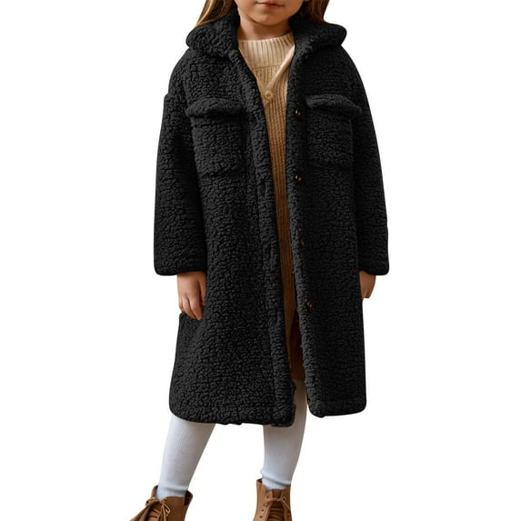 Mwjwdo Girls Winter Long Coat Thick Warm Sherpa Teddy Jacket Casual Button Down Fleece Overcoat Faux Fur Outwear Black 150