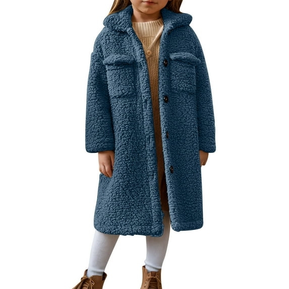 Mwjwdo Girls Winter Long Coat Thick Warm Sherpa Teddy Jacket Casual Button Down Fleece Overcoat Faux Fur Outwear Navy 120