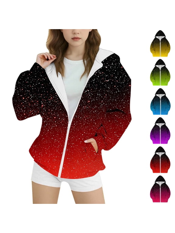 Girls Zip Up Hoodies Sherpa Lined Fleece Thermal Jacket Full Zip Long Sleeve Sweatshirts Gradient Color Shirts Coat Blue 14-15Years