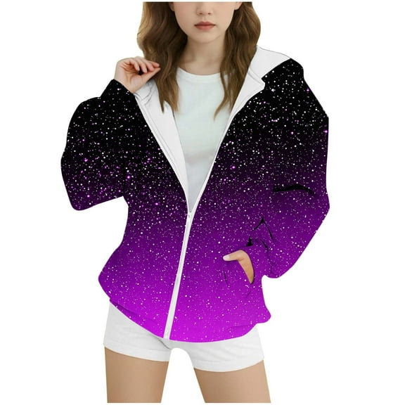 Mwjwdo Girls Zip Up Hoodies Sherpa Lined Fleece Thermal Jacket Full Zip Long Sleeve Sweatshirts Gradient Color Shirts Coat Purple 14-15Years