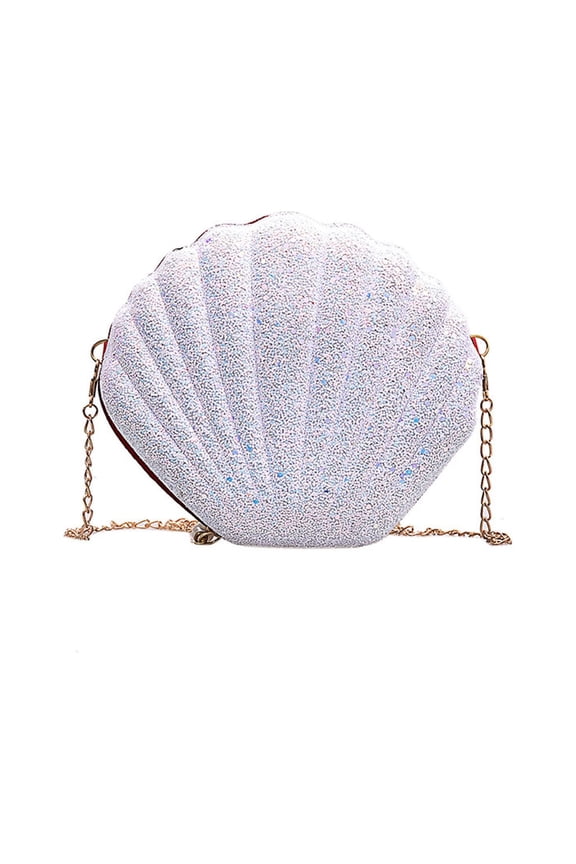 Glitter Sequins Seashell Mini Crossbody Bag, Trendy Chain Strap Single Shoulder Purse for Women Party Daily Use White
