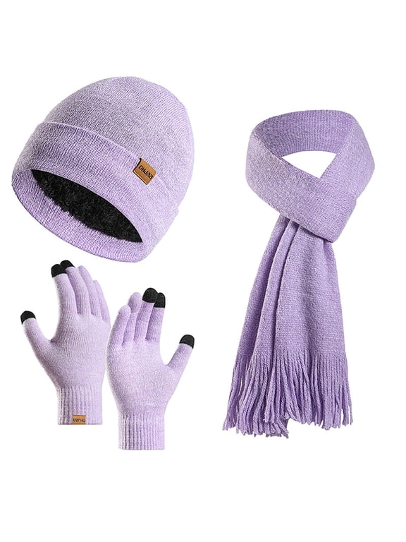 Heather Cuffed Knit 3-Piece Kit Tag Detail Beanie Fringe Scarf Touch-Tip Gloves Fleece-Lined for City Strolls Purple