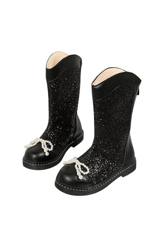 High Boots Girl's Mid Calf Sequined Bowknot Casual Stylish Versatile Leather Comfortable Easy to Wear Footwear for Fall Winter Outdoor Activities Black 26