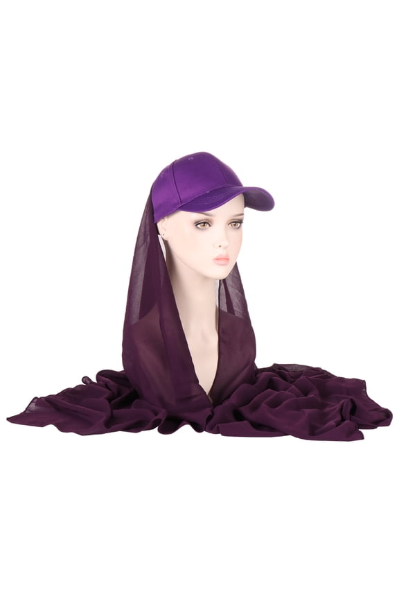 Hijab-Splice Baseball Wrap Hat Long Sheer Rear Drape Adjustable Back Tie for Daily Mall Visits Purple