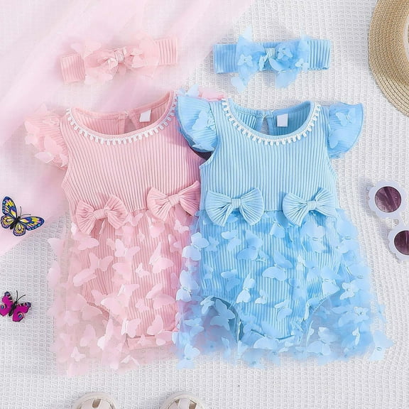 Mwjwdo Infant Baby Girls Romper Dress Short Sleeve Ribbed 3D Butterfly Tulle Tutu Dress+ Headband Birthday Summer Outfit